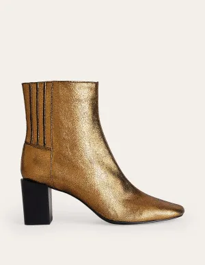 Block-Heel Leather Ankle Boots-Gold Crinkle metallic Leather