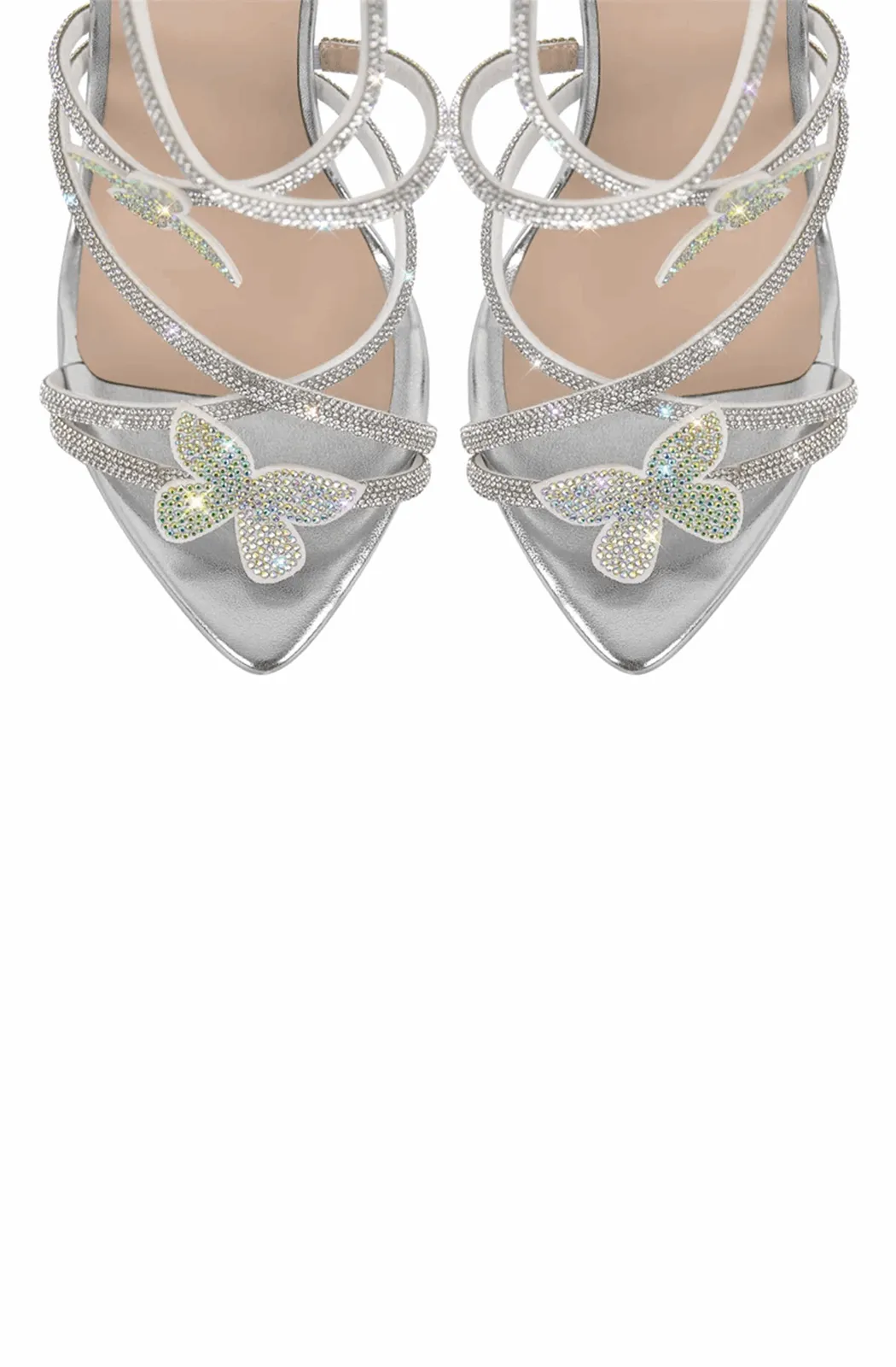Pointed open toe rhinestone butterfly stiletto sandals