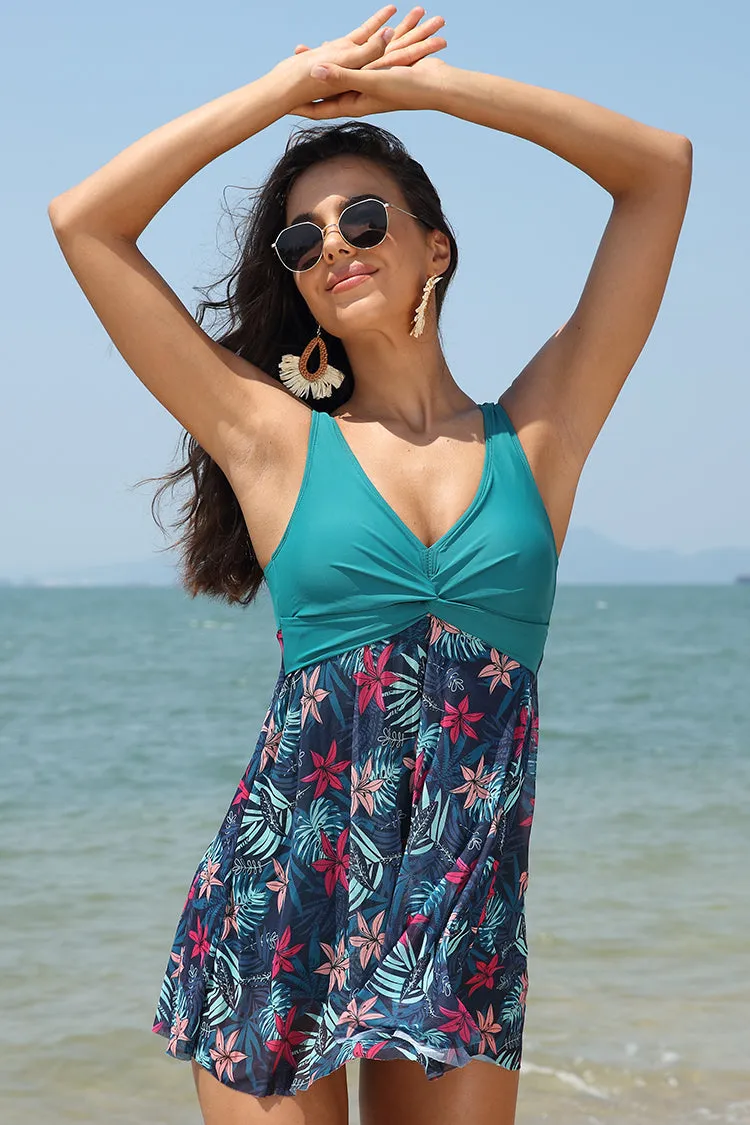 Twist Front Mesh Printing Swimdress