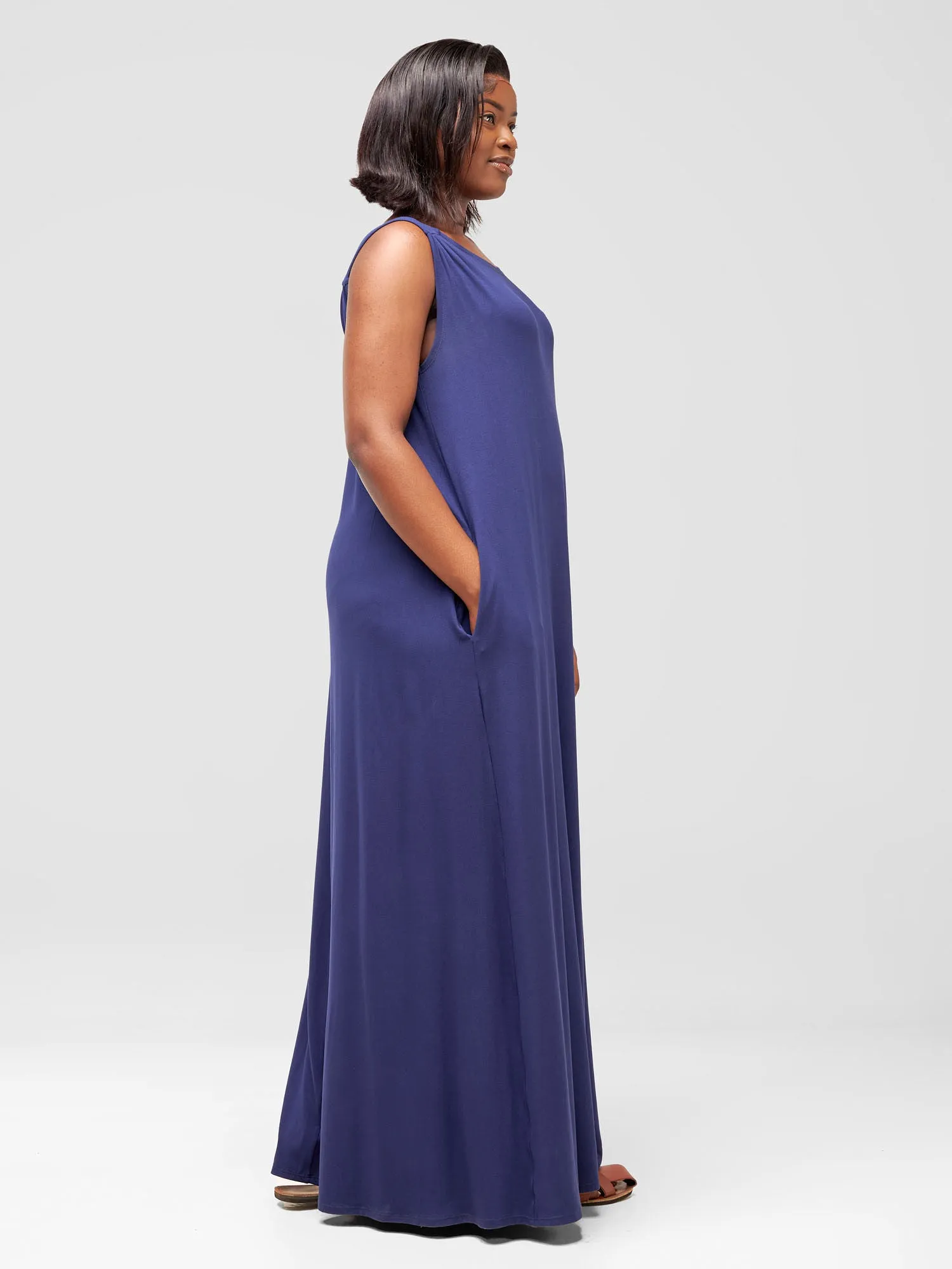 Vivo Safiya Gathered Shoulder Maxi Dress - Navy